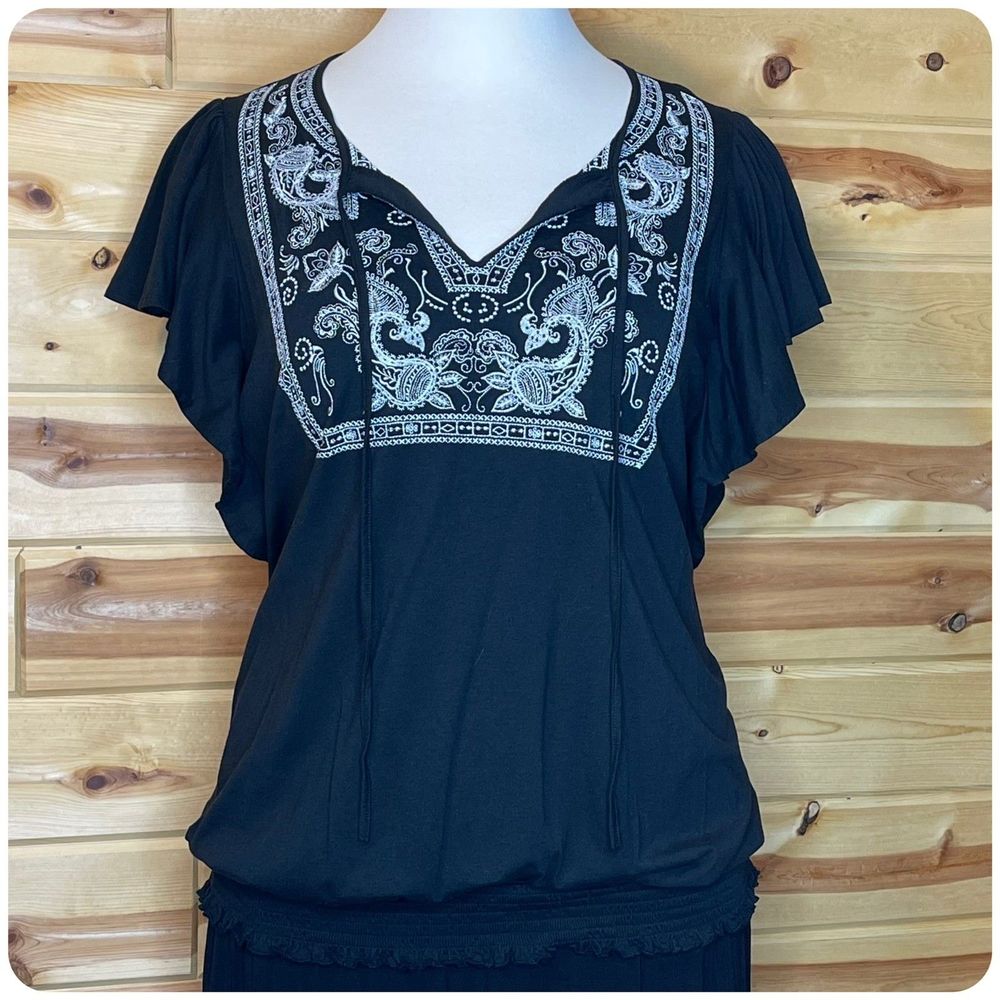 Roaman's Boho Peasant Top Black Tassel Embroidered Flutter Sleeve 1X (22/24)